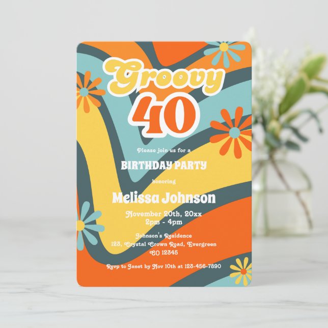 Retro Wave Daisies Groovy 40. Grüner Geburtstag Einladung (Stehend Vorderseite)