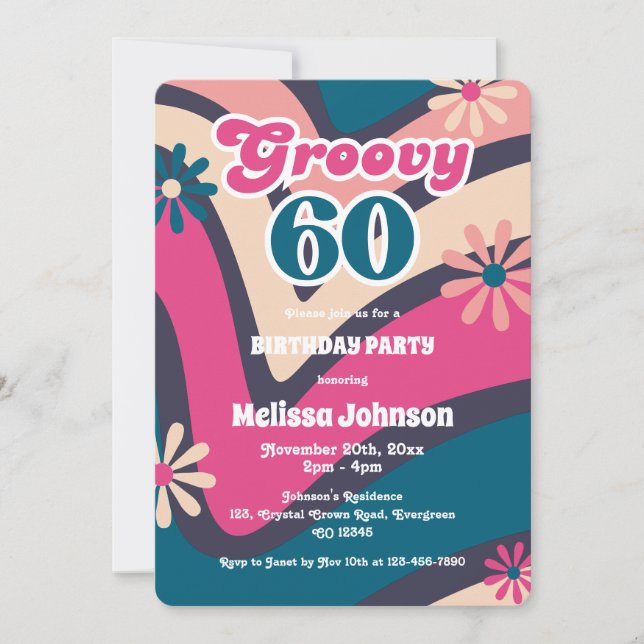 Retro Wave Daisies Groovy 60. Bubblegum Geburtstag Einladung (Vorderseite)