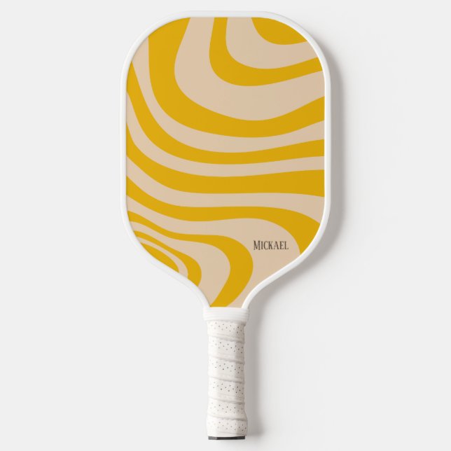 Retro Wave White and Yellow Modern Monogram Pickleball Schläger (Vorderseite)