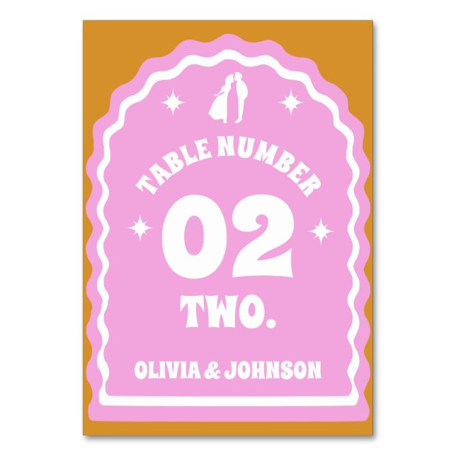 Retro Wavy Arch Pink & Gelb Paare Foto Tischnummer (Vorderseite)