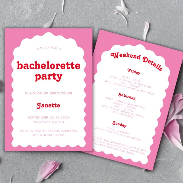 Retro Wavy Arch Pink und Red Bachelorette Wochenen Einladung (Retro Wavy Arch Pink And Red Bachelorette Weekend Invitation)