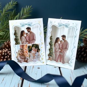 Retro Wavy Blue Bow Ribbon & Stars Fotos Collage Folien Feiertagskarte