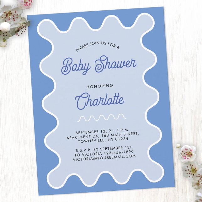 Retro Wavy Blue Curve Baby Dusche Einladung Postkarte (Retro modern wavy curve blue personalized baby shower invitation postcard)