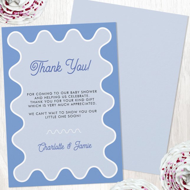 Retro Wavy Blue Curve Border Baby Dusche Dankeskarte (Retro modern wavy curve border blue baby shower thank you card)