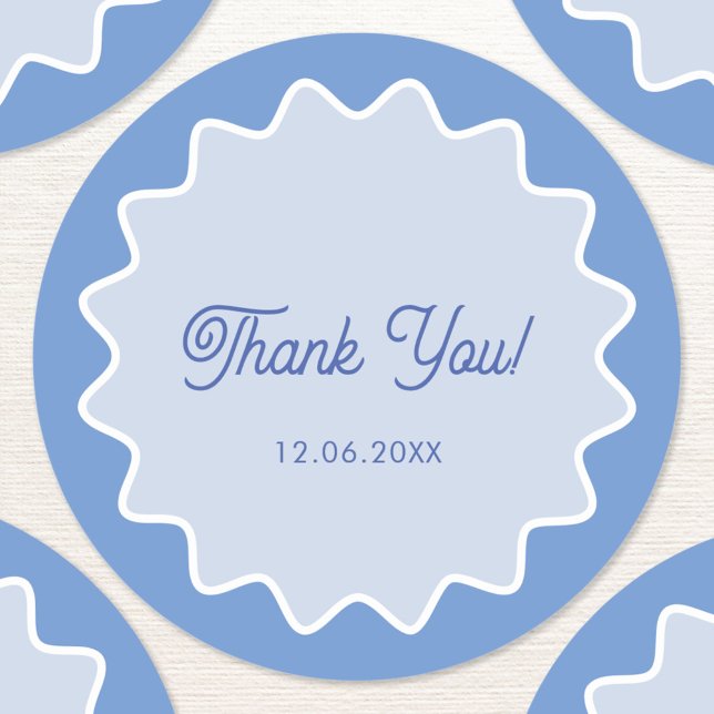 Retro Wavy Blue Curve Border Vielen Dank Runder Aufkleber (Personalized date wavy retro thank you sticker)