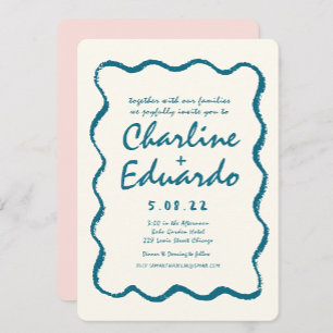 Retro Wavy Blue Handwriting Wedding Einladung
