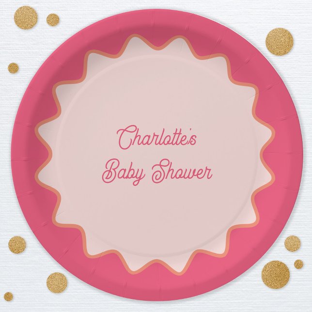 Retro Wavy Border Pink Curve Baby Dusche Pappteller (Retro modern pink wavy curve border custom text baby shower paper plates)