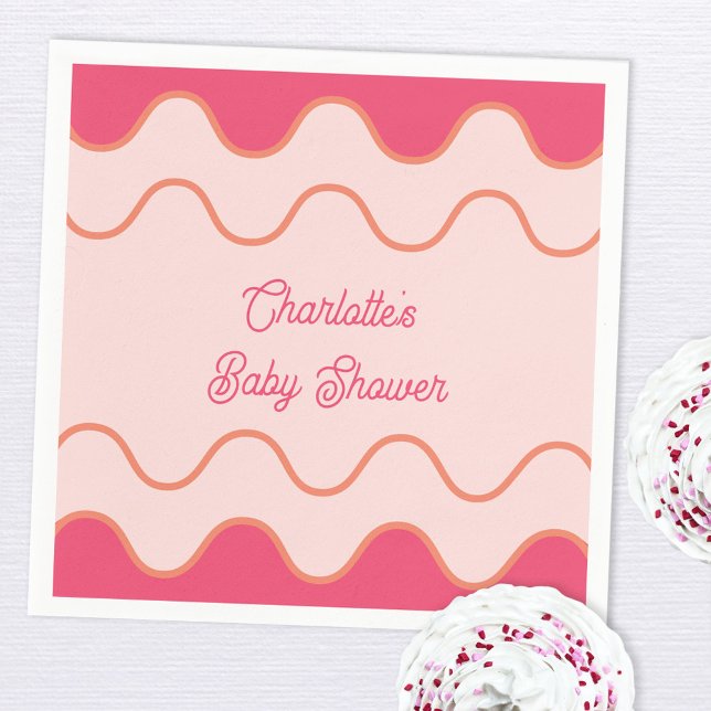 Retro Wavy Border Pink Curve Baby Dusche Serviette (Retro modern wavy curve border pink custom text baby shower paper napkins)