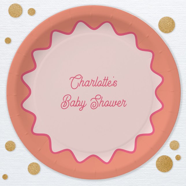 Retro Wavy Border Pink Orange Curve Baby Dusche Pappteller (Retro modern pink orange peach wavy curve border custom text baby shower paper plates)