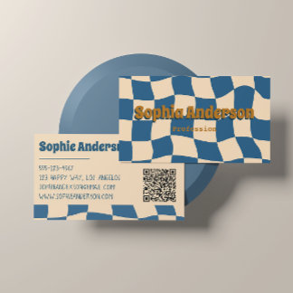 Retro Wavy Checkerboard Funky Blue Beige Visitenkarte
