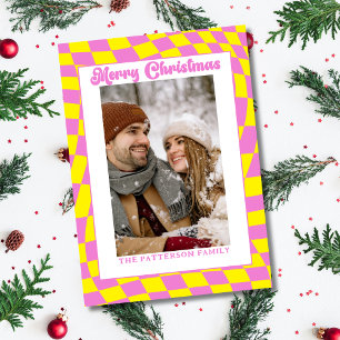 Retro Wavy Checkered Pink Yellow Foto Weihnachten