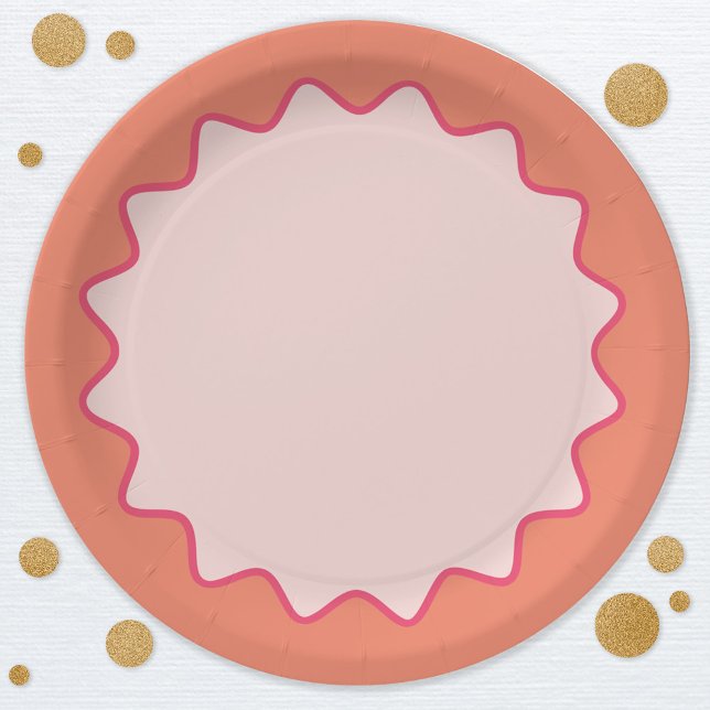 Retro Wavy Curve Border Blush Pink Peach Pappteller (Retro modern pink peach orange wavy curve border party paper plates)