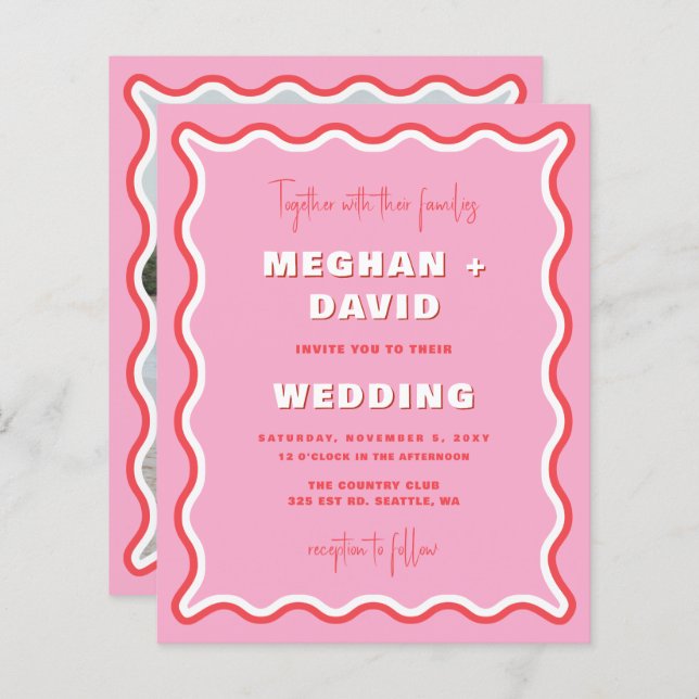 Retro Wavy Curve Rosa Foto Hochzeit (Vorne/Hinten)
