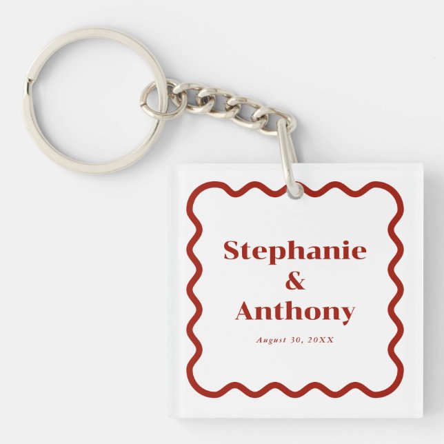 Retro, Wavy Edge Dark Red Wedding der 50er Jahre Schlüsselanhänger (Vorderseite)