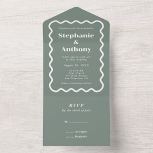 Retro Wavy Edge Sage Green Wedding der 50er Jahre All In One Einladung