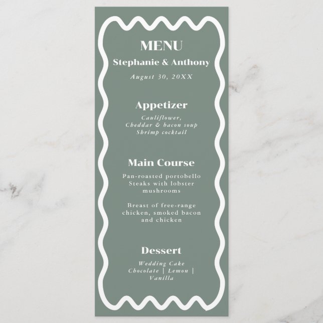 Retro Wavy Edge Sage Green Wedding der 50er Jahre Menükarte (Vorderseite)
