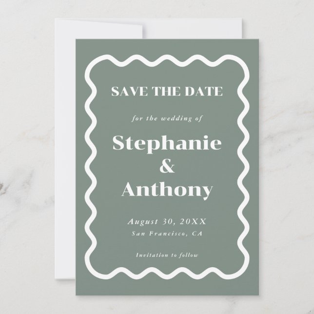 Retro Wavy Edge Sage Green Wedding der 50er Jahre Save The Date (Vorderseite)