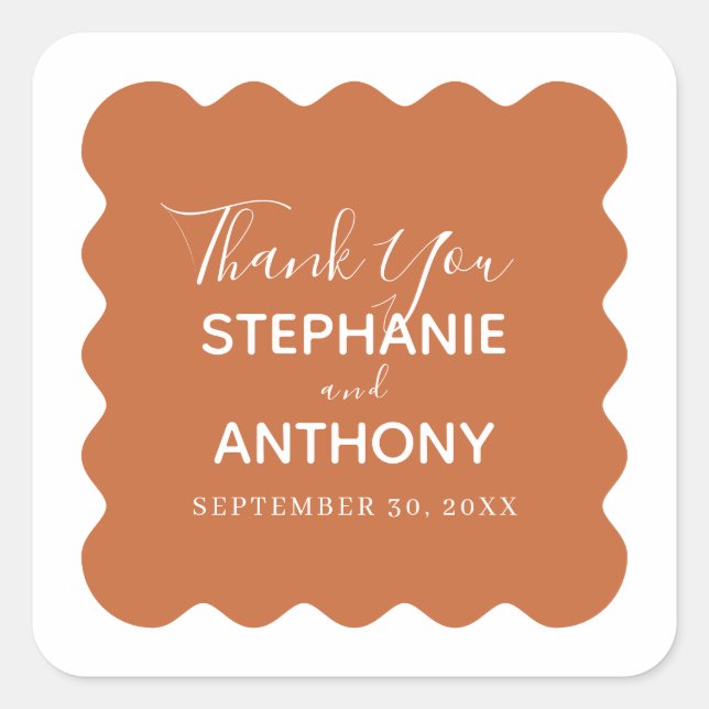 Retro Wavy Edge Terracotta Wedding Quadratischer Aufkleber (Vorderseite)