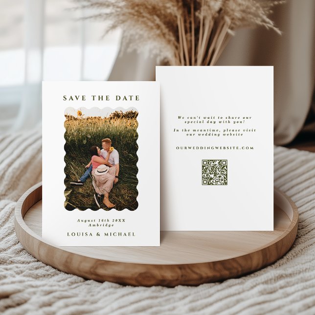 Retro Wavy Foto & QR Code Green & White Wedding Save The Date (Von Creator hochgeladen)