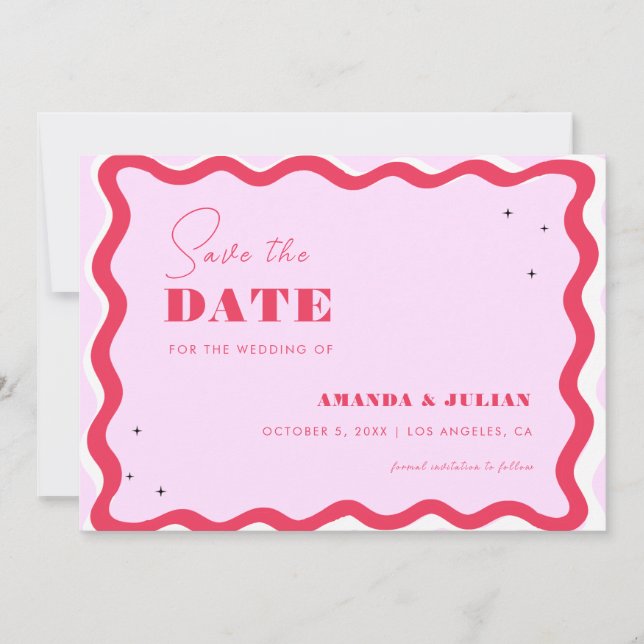 Retro Wavy Frame 70er Rosa und Rotes Foto 77 Save The Date (Vorderseite)