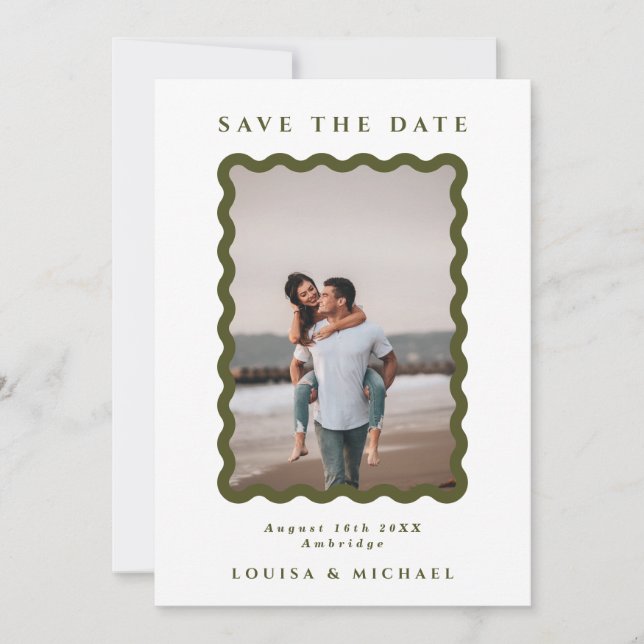 Retro Wavy Frame Foto Grün & Weiß Hochzeit Save The Date (Vorderseite)