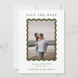Retro Wavy Frame Foto Grün & Weiß Hochzeit Save The Date
