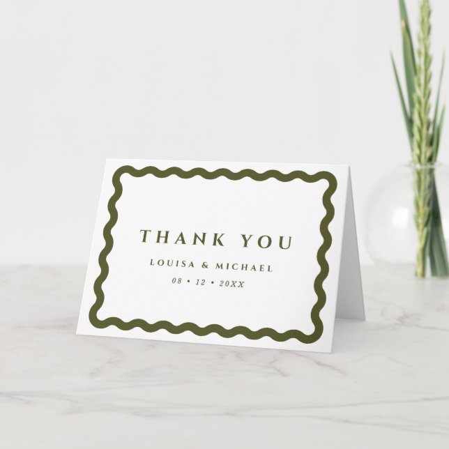 Retro Wavy Frame Green & White Wedding Dankeskarte (Vorderseite)