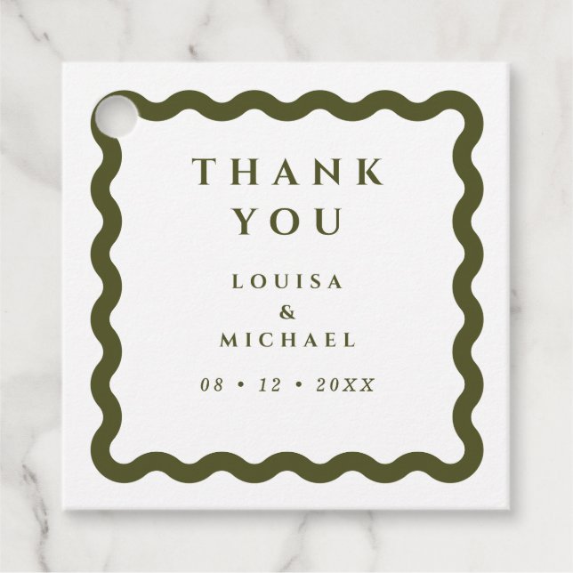 Retro Wavy Frame Green & White Wedding Geschenkanhänger (Vorderseite)
