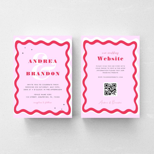 Retro Wavy Frame QR Code 70er Ampersand Hochzeit Einladung (Von Creator hochgeladen)