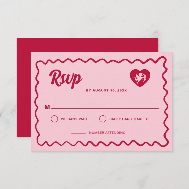 Retro Wavy Frame Red Pink Cupid Heart Wedding RSVP Karte (Vorne/Hinten)