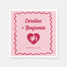 Retro Wavy Frame Red Pink Cupid Heart Wedding Serviette