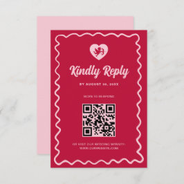 Retro Wavy Frame Red Pink Cupid Wedding QR Code RSVP Karte