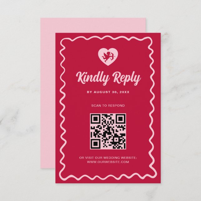 Retro Wavy Frame Red Pink Cupid Wedding QR Code RSVP Karte (Vorne/Hinten)
