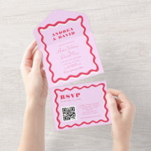 Retro Wavy Frame Rosa und Red QR Code 70er Wedding