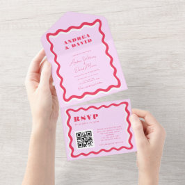 Retro Wavy Frame Rosa und Red QR Code 70er Wedding All In One Einladung