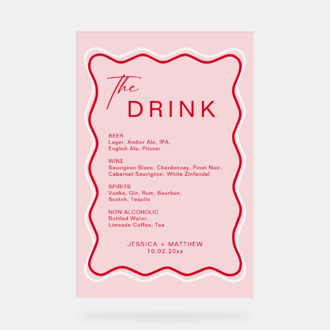 Retro Wavy Frame Rot und Pink Wedding Bar Acrylschild (Vorderseite)