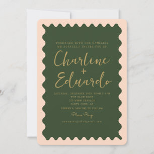 Retro Wavy Green Peachy Golden Wedding Einladung