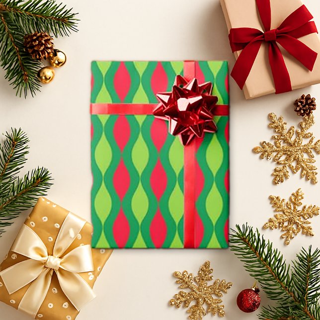 Retro Wavy Green Red Pattern - Holiday Style Geschenkpapier (Von Creator hochgeladen)