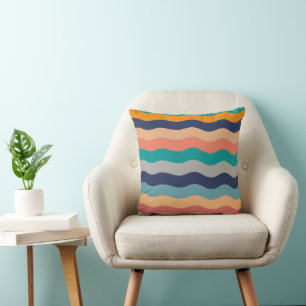 Retro Wavy Lines - Blue Turquoise Orange Kissen