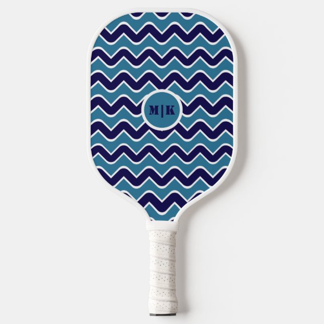 Retro Wavy Lines Muster in Blau mit Initialen Pickleball Schläger (Vorderseite)