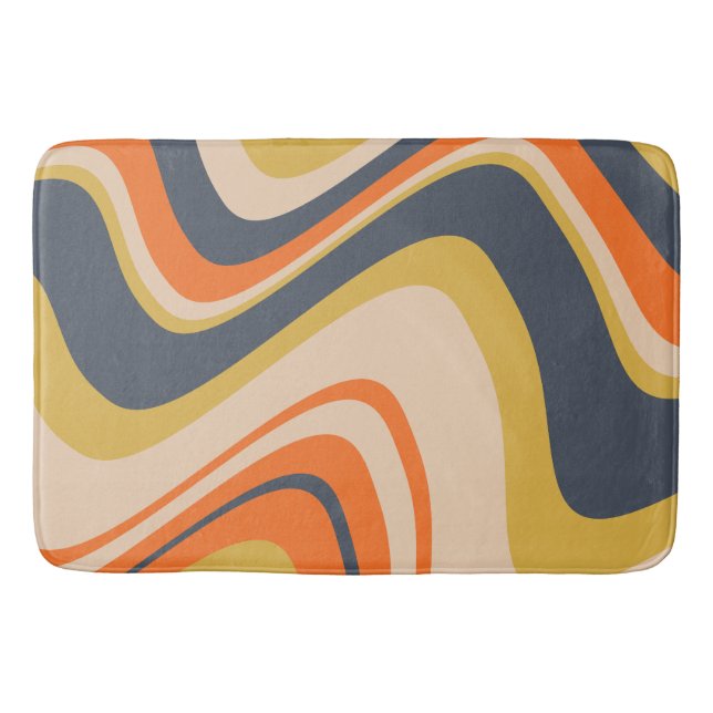Retro Wavy Lines - Orange, Navy, Yellow, Beige Badematte (Vorderseite)