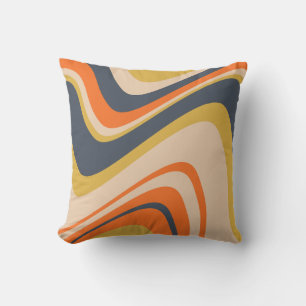 Retro Wavy Lines - Orange, Navy, Yellow, Beige Kissen