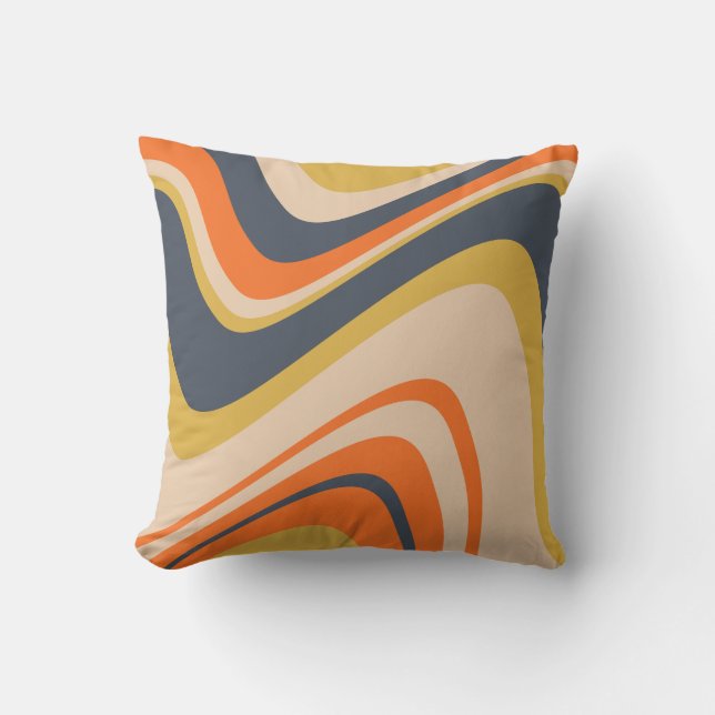 Retro Wavy Lines - Orange, Navy, Yellow, Beige Kissen (Vorderseite)