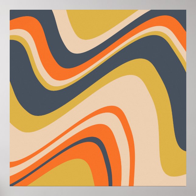 Retro Wavy Lines - Orange, Navy, Yellow, Beige Poster (Vorne)