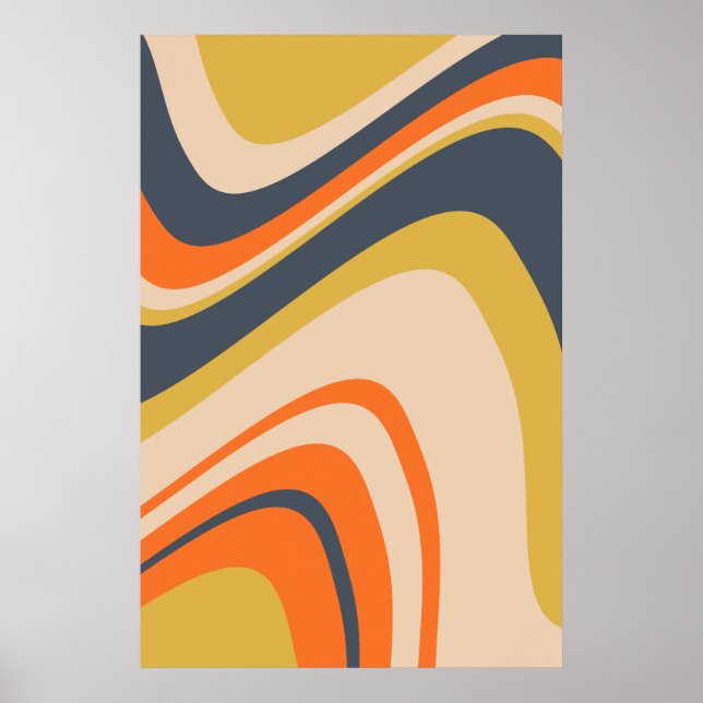 Retro Wavy Lines - Orange, Navy, Yellow, Beige Poster (Vorne)