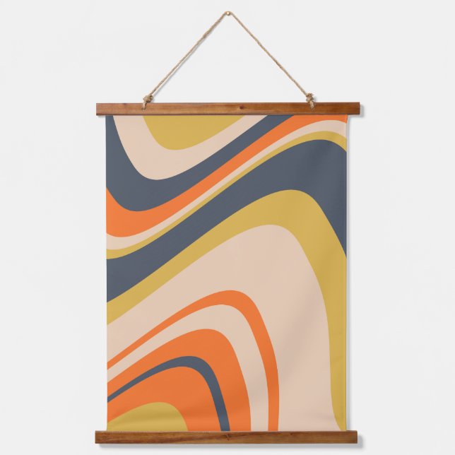 Retro Wavy Lines - Orange, Navy, Yellow, Beige Wandteppich Mit Holzrahmen (Vorderseite)