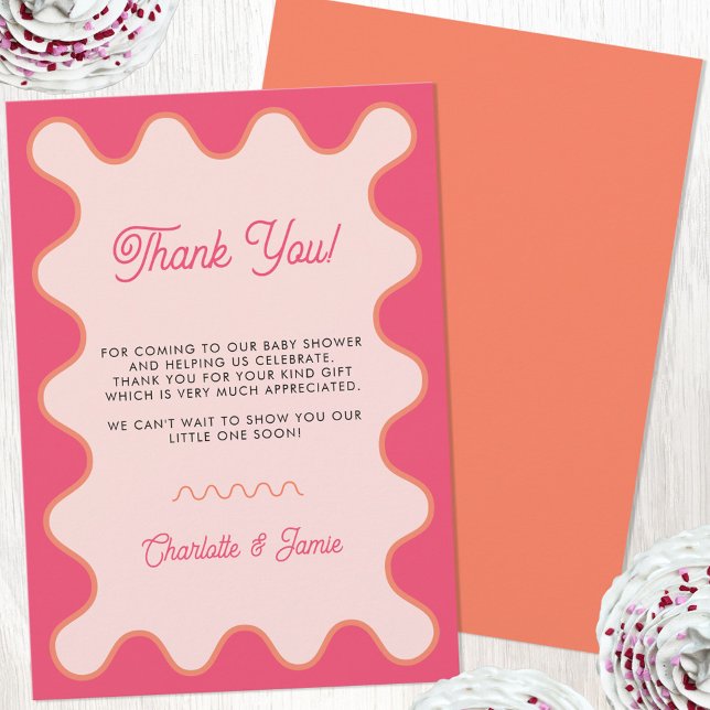 Retro Wavy Pink Curve Baby Dusche Dankeskarte (Retro modern wavy curve pink orange personalized baby shower thank you card)