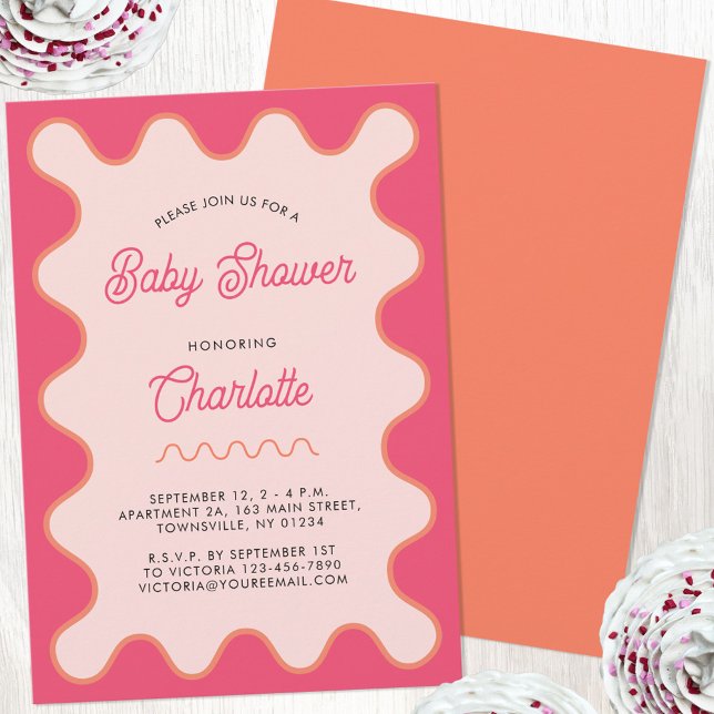 Retro Wavy Pink Curve Baby Dusche Einladung (Retro pink wavy curve modern personalized baby shower invitation)