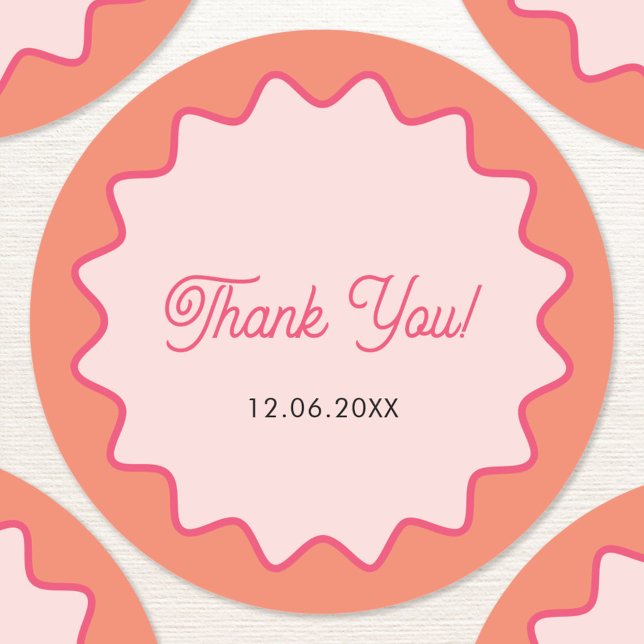 Retro Wavy Pink Curve Vielen Dank Runder Aufkleber (Wavy retro personalized date Thank You sticker)
