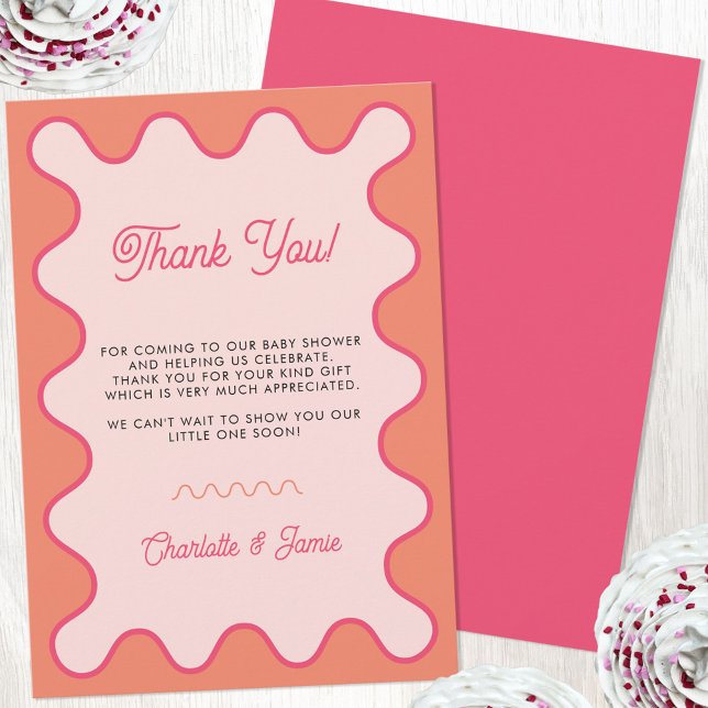 Retro Wavy Pink Orange Curve Baby Dusche Dankeskarte (Retro modern wavy curve pink orange border baby shower thank you card)